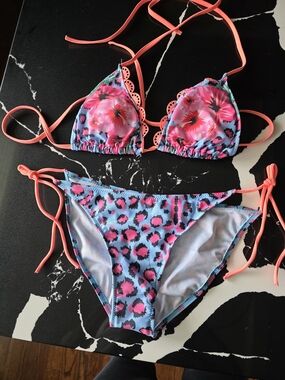 Floral & Leopard Print Triangle Bikini - Pink Coral Accents